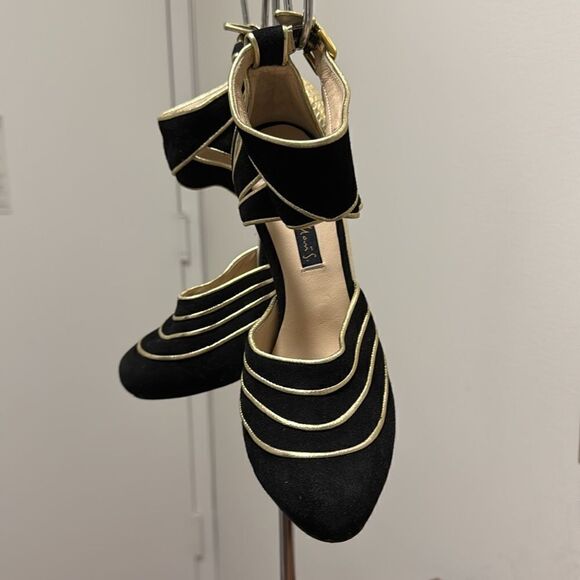 Christie Morris Black Suede & Gold Reptile Stiletto Ankle Strap Shoes. Size 38. - Picture 2 of 11